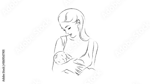 Continuous Line Art of Mother Breastfeeding Her Newborn Baby