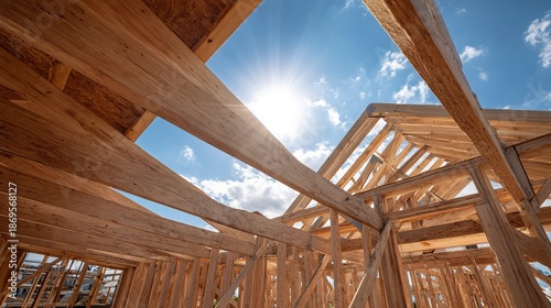 Bright daytime construction scene highlighting craftsmanship of roof framing in new residential build  