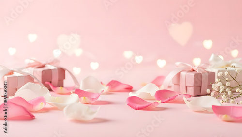 Beautiful pink roses with a romantic gift box and candles create a floral Valentine decoration for a beautiful spring wedding celebration of love and nature