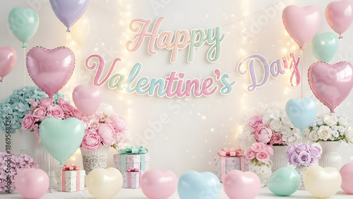 A happy birthday card with pink balloons and floral rose decorations sits on a table next to a sweet heart dessert and a gift box with a ribbon for a spring celebration of love