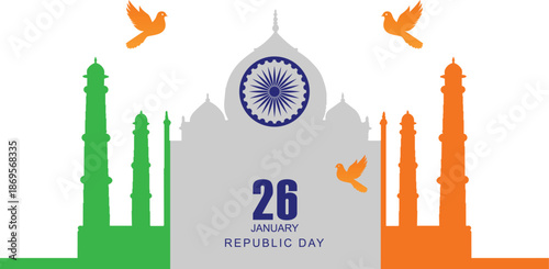 Illustration celebrating India's Republic Day on January 26th, featuring the Taj Mahal silhouette in national flag colors with Ashoka Chakra and flying doves.