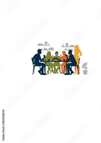 Board Game Cafe Social Silhouette for 2026 Analog Joy Trend. Group of Friends Playing Tabletop Strategy Game for Community and Digital Detox Concept Vector.