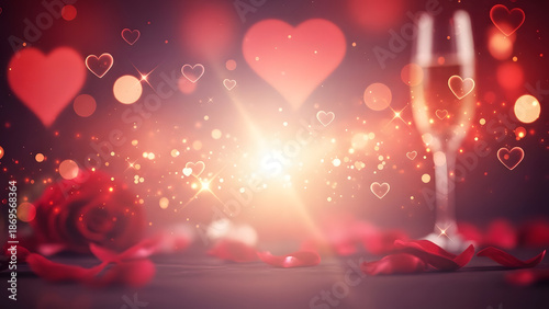 Red hearts background with bright bokeh light and pink holiday decoration for a magic Valentine's Day celebration card vector illustration design