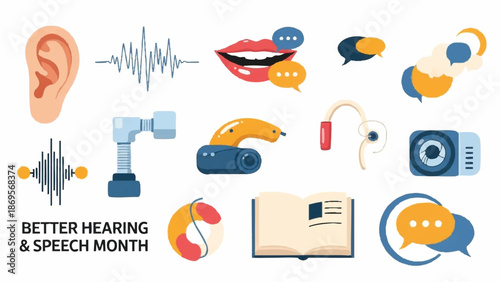 Collection of Icons Representing Hearing and Speech Health.