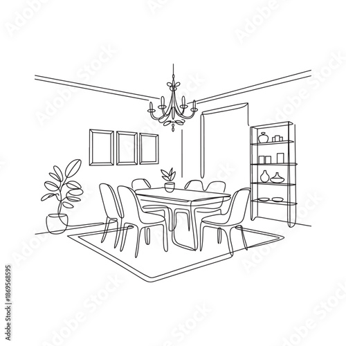 A minimalist line drawing of a dining room interior with furniture