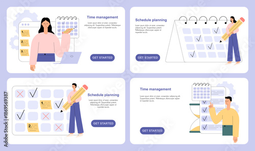 Schedule planning set. Character planning work task, filling check list, making schedule. Time management, self management, productivity. Flat vector illustration for website, landing page, web banner