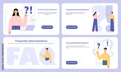 FAQ concept set. People characters chatbot frequently asked questions. Online support service. QA speech bubble, question and answer session. Flat vector illustration for website, landing page