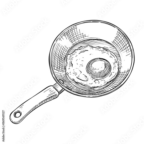 fried egg in frying pan vector line art hand drawn illustration