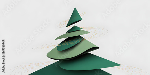 Layered Green Paper Cut-Out Christmas Tree Illustration on White Background with Soft Lighting
