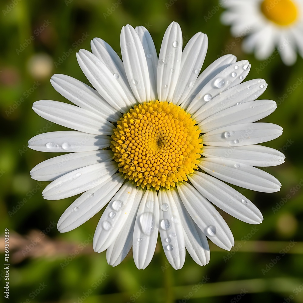 Fototapeta premium A white daisy flower with dew drops in bright sunlight.