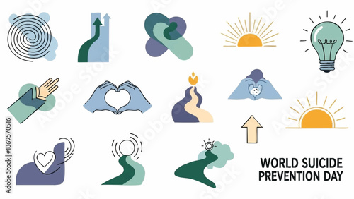 Collection of abstract icons representing mental health and suicide prevention awareness.