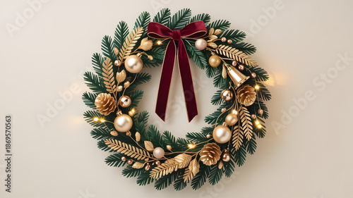 Luxurious Christmas Wreath with Golden Ornaments and Red Ribbon Illustration for Festive Decoration Ideas