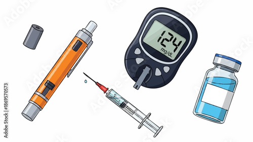 Diabetes management tools including glucose meter and insulin pen.