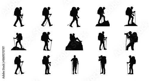 Silhouette collection of hikers mountains camping gear and a compass rose