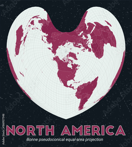 North America. World map. Bonne pseudoconical equal-area projection centered to North America. Pale Mint Dark Pink palette. Vintage texture. Vibrant vector illustration.