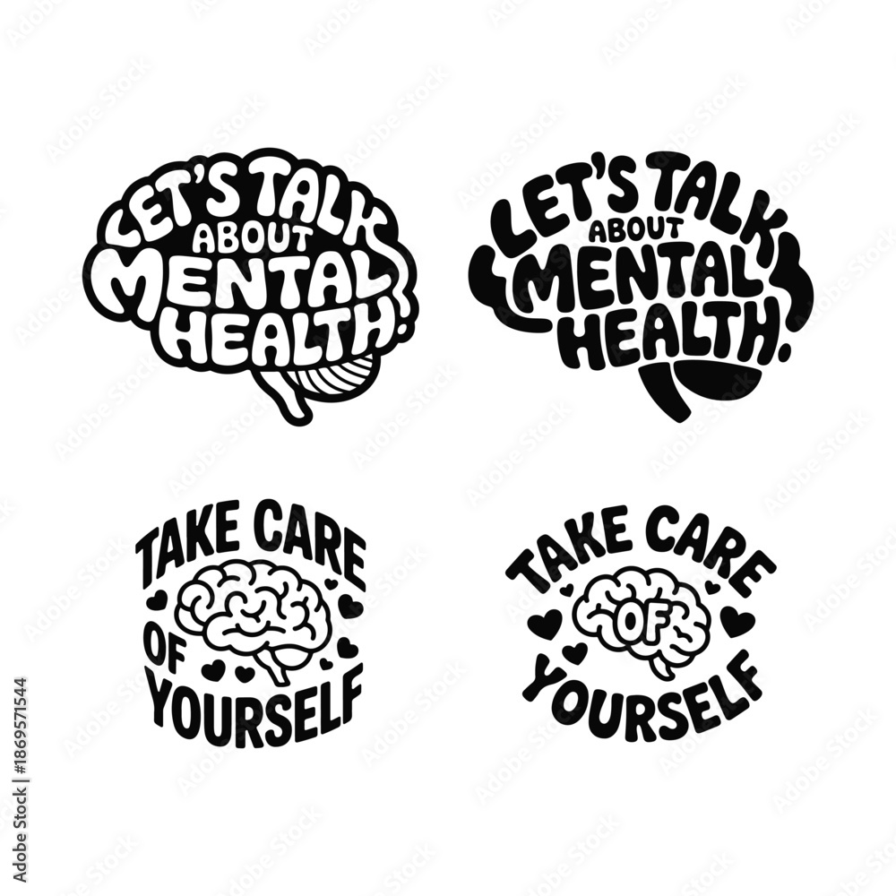 Fototapeta premium Mental Health Awareness Brain Icon Set Lets Talk and Take Care Typography Vector
