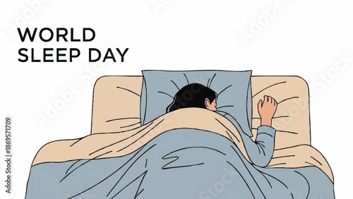 World Sleep Day illustration of a person sleeping peacefully in bed.