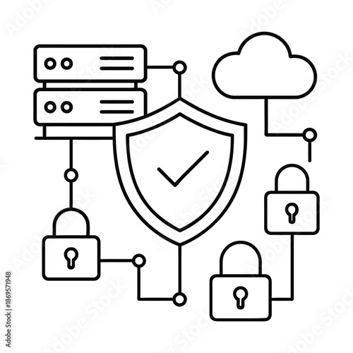 Cloud Server Cyber Security Shield Data Protection Outline Vector Illustration