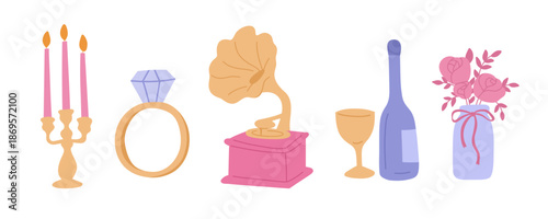 Wedding decoration set. Vector illustrations of candles, gramophone, wine bottle and flowers.