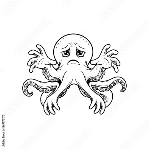 An octopus with a frowning face is illustrated in black and white, showcasing its eight tentacles and expressive eyes.