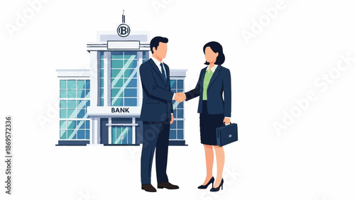 Business professionals shaking hands in front of a bank.