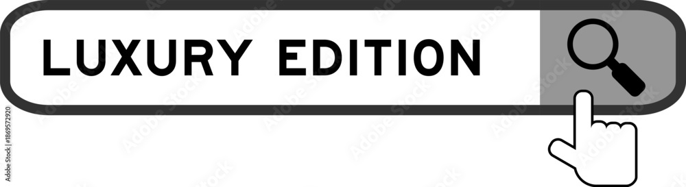 Fototapeta premium Search banner in word luxury edition with hand over magnifier icon on white background