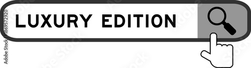 Search banner in word luxury edition with hand over magnifier icon on white background