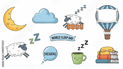 Collection of Sleep Related Icons and Illustrations for World Sleep Day.