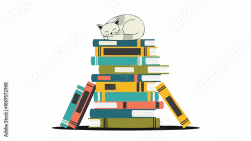 A sleeping cat rests peacefully on a tall stack of colorful books.
