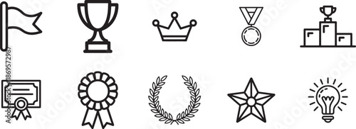 A collection of outline icons representing achievement success and winning on a white surface