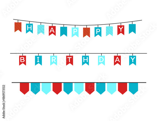Bunting pennant and flag. Multicolored fabric bright triangles hang on birthday party. Festive handmade paper garlands string up and adorn for graduation. Vector set. Festive event or holiday

