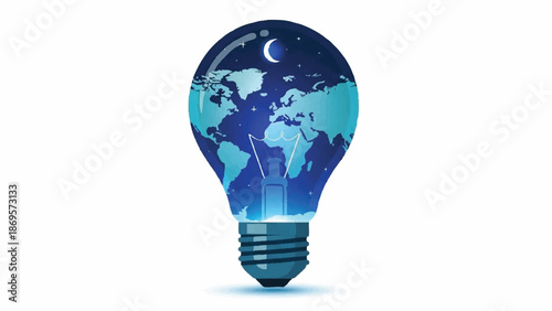 Glowing Light Bulb With World Map Inside Symbolizing Global Ideas.