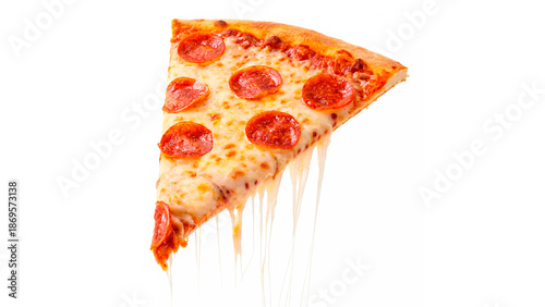 Foto Slice of pepperoni pizza with cheese stretching isolated on transparent backgrou