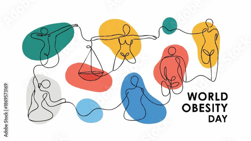 World Obesity Day abstract human figures and colorful shapes.