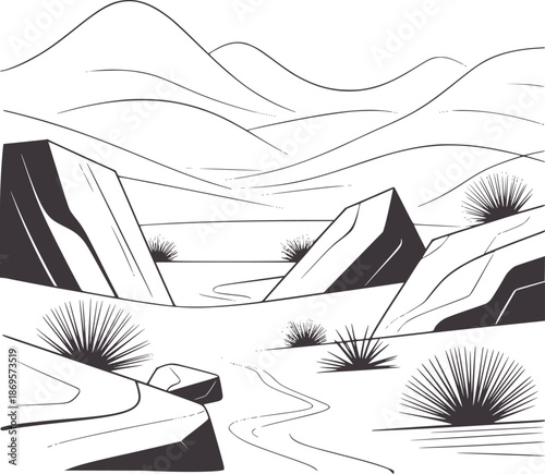 Desert landscape with rolling hills rocks and sparse vegetation mountains