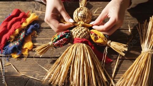 Close-up of hands making a traditional straw doll. An artisan dresses a folk figure with colorful fabric. Slavic folklore and handmade craft concept.