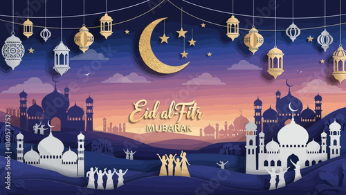 Layered Paper Cut Illustration of Eid al-Fitr, Layered Islamic Holiday Celebration Art