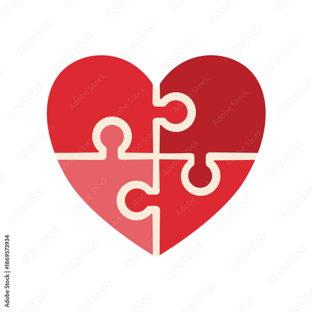 Obraz premium Red heart shape made of four jigsaw puzzle pieces, vector illustration