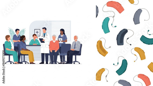 Diverse group of people receiving hearing healthcare services.