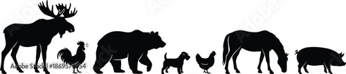 Animal silhouettes set featuring wild and farm animals moose bear horse pig dog chicken isolated on white background illustration
