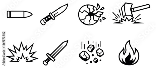 Hand drawn line art destruction and impact icon set featuring a bullet, sword, and breaking earth for game design