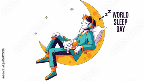 Man sleeping on moon with cat for World Sleep Day.