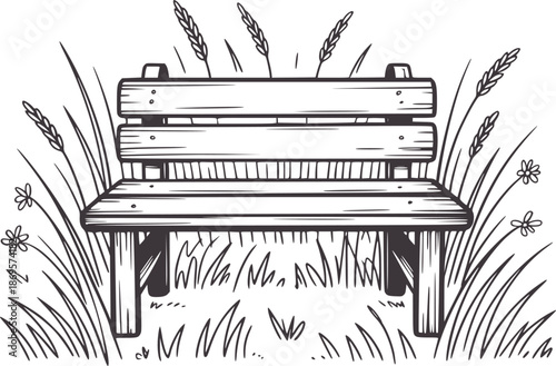 Wooden park bench surrounded by grass and wildflowers