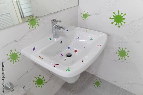 Germ bacteria and virus contaminate toilet sink bathroom. Infectious diseases spread hygiene concept.