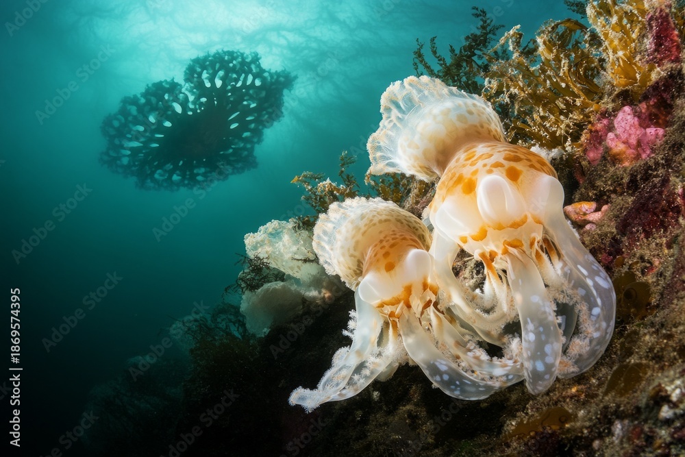 custom made wallpaper toronto digitalWhite sea anemones on a rocky underwater reef wall in green coastal waters.