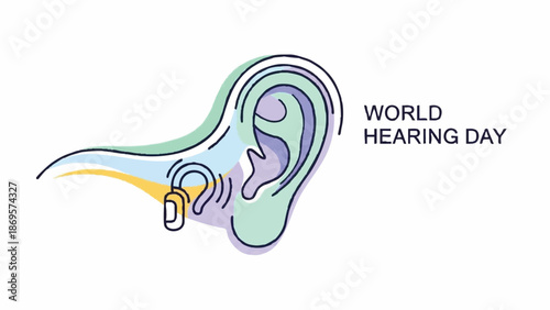 World Hearing Day illustration with ear and hearing aid.