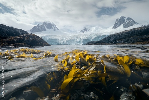 Polar landscape with yellow kelp seaweed in the foreground and a massive glacier with snowy mountains background.