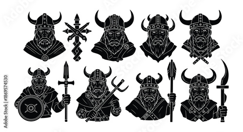 Illustrative collection of black and white viking warrior head designs with horned helmets