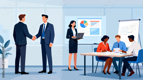 Business meeting with handshake and presentation