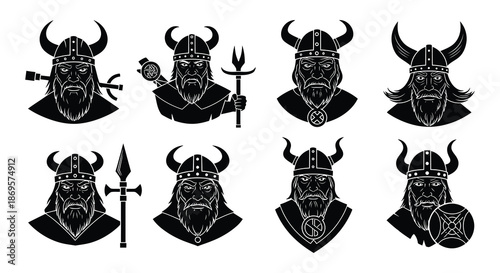 Illustrative collection of black and white viking warrior head designs with horned helmets